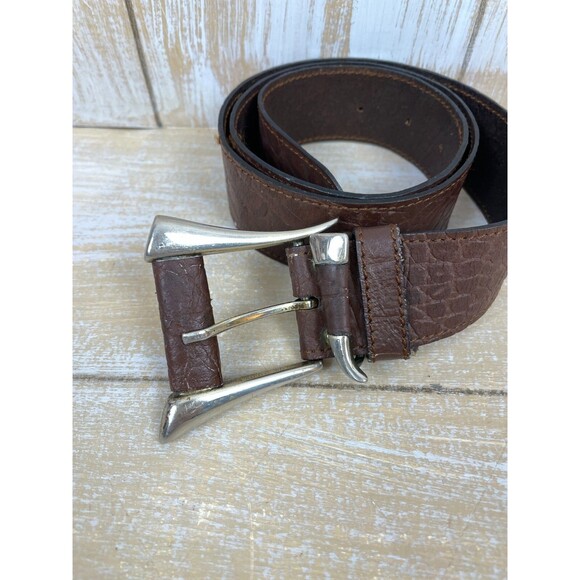Vintage Western Brown Leather Belt w/Silver-tone Metal Horn Buckle Steer 38\